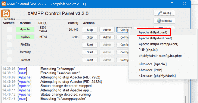 Menú Apache en XAMPP (httpd.conf) Menú Apache en XAMPP (httpd.conf)