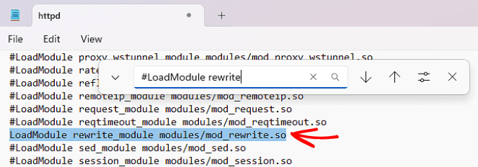 Menú Apache en XAMPP (httpd.conf) Busque el módulo rewrite_module en el archivo httpd.conf.