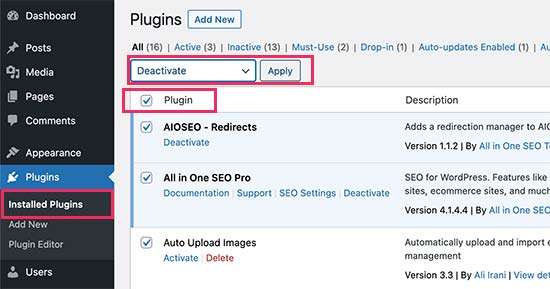 Desactive todos los plugins de WordPress Desactive todos los plugins de WordPress