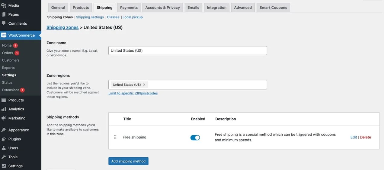 Ajustes de envío de WooCommerce en el panel de WordPress.