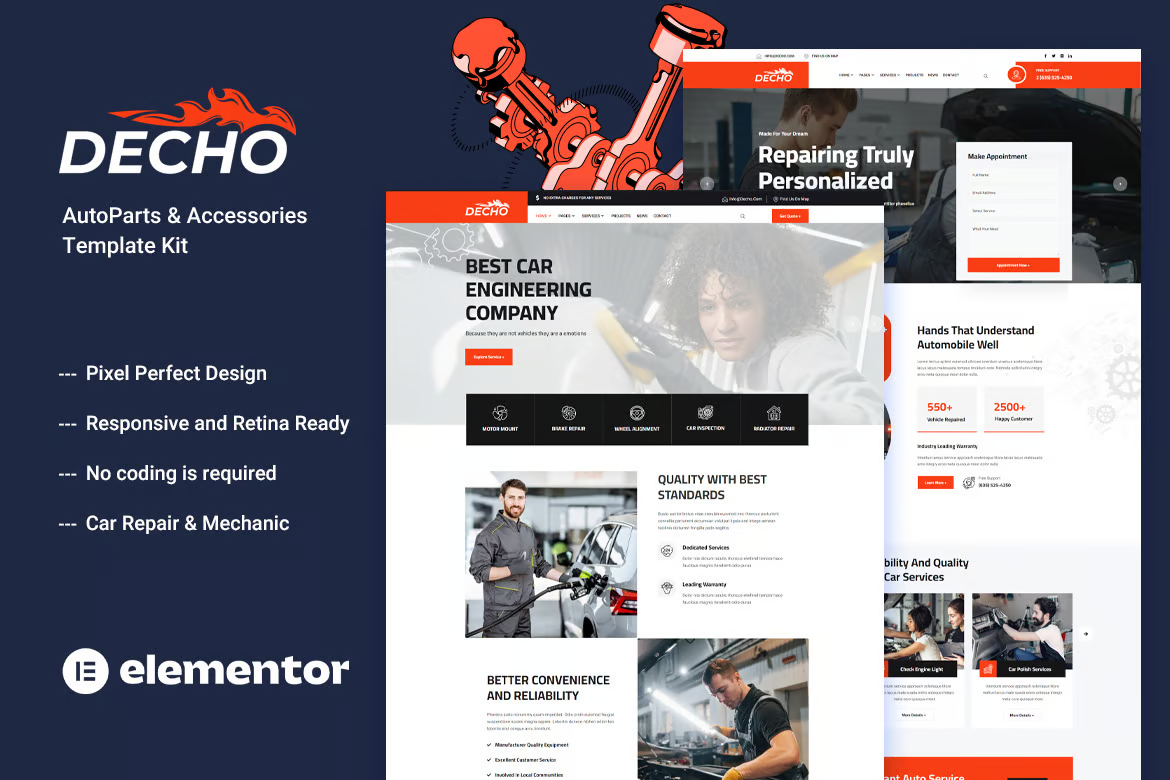 Decho - Automotive Repair Mechanic Elementor Template Pack - Photon Flux | Professional WordPress repair service, worldwide, fast response