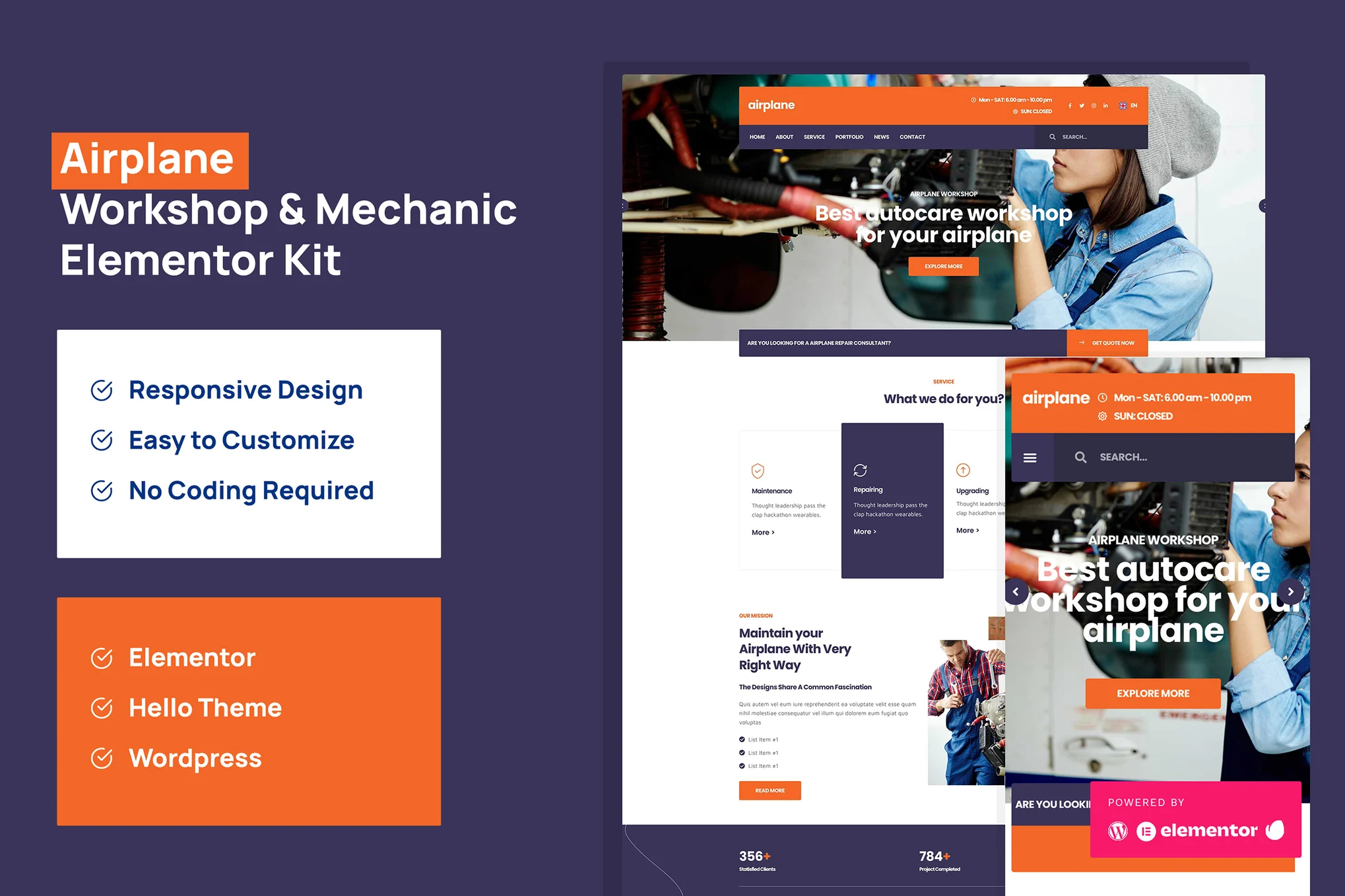 Airplane - Mechanical Workshop Elementor Template Pack - Photon Flux | Professional WordPress repair service, worldwide, fast response